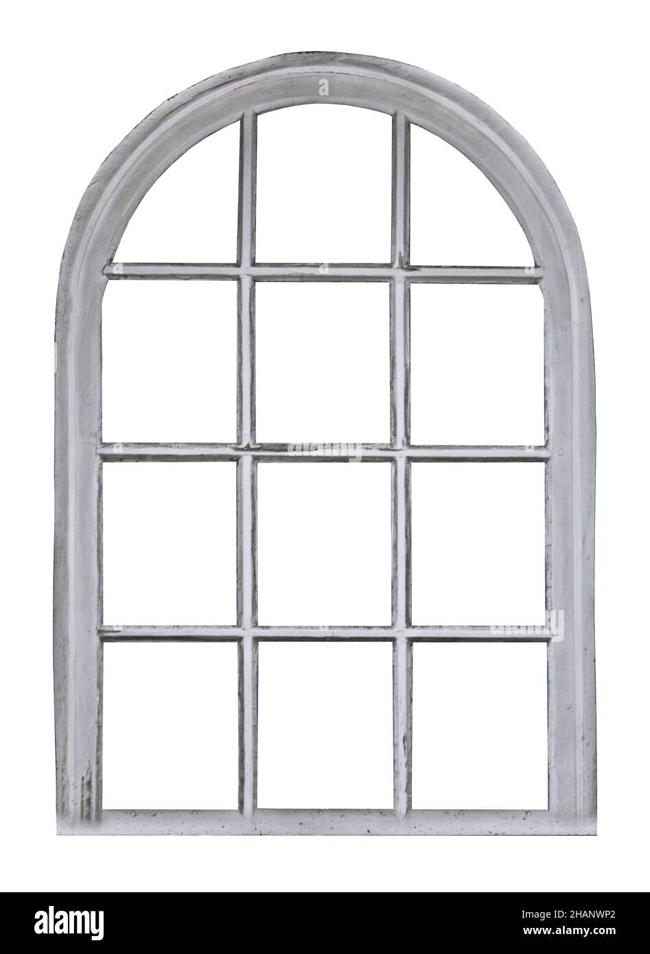 Old gray wooden window with arch isolated on a white background Stock ...