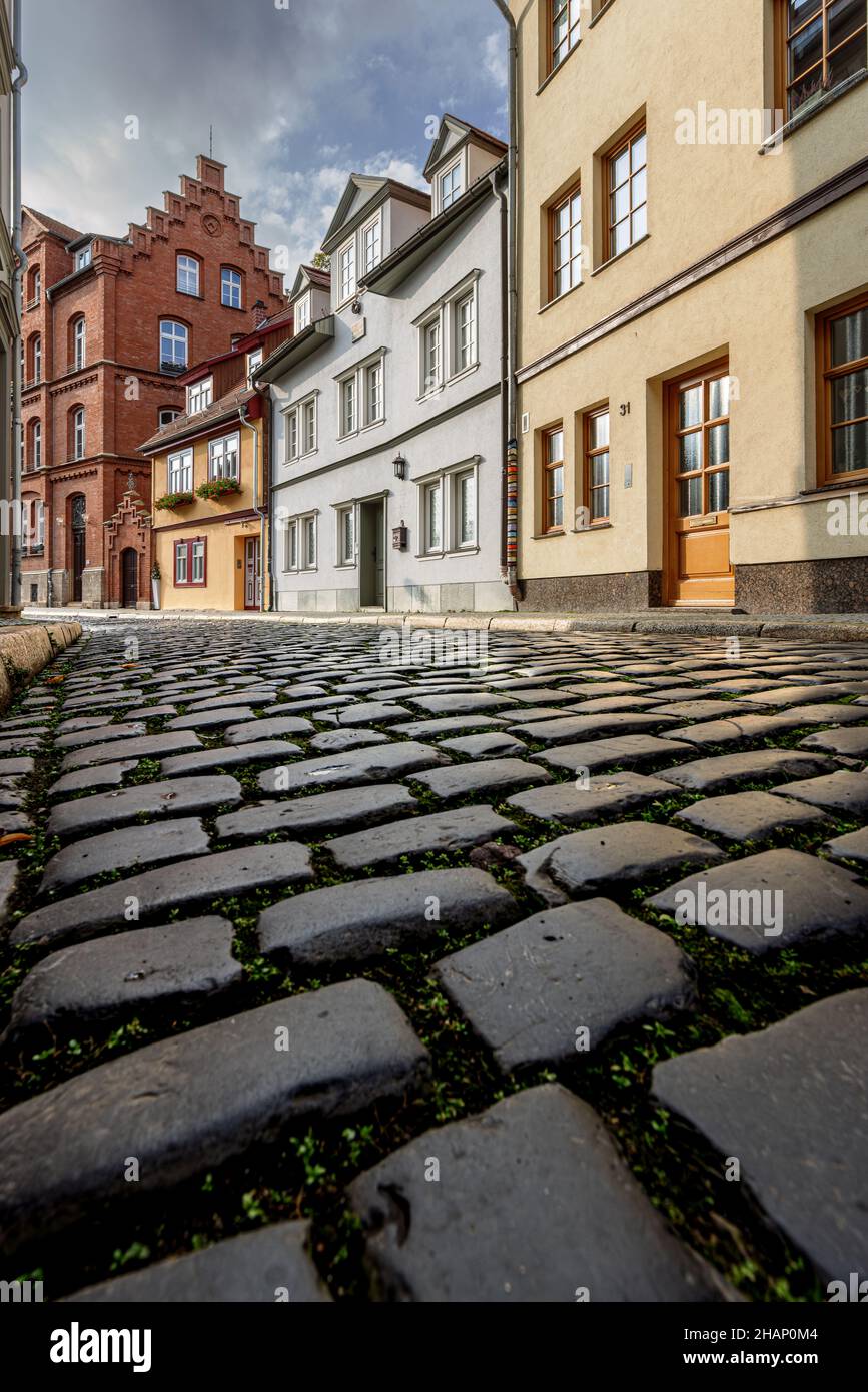 Cobble stone street in the old town in Erfurt, Thuringia, Germany. Stock Photo