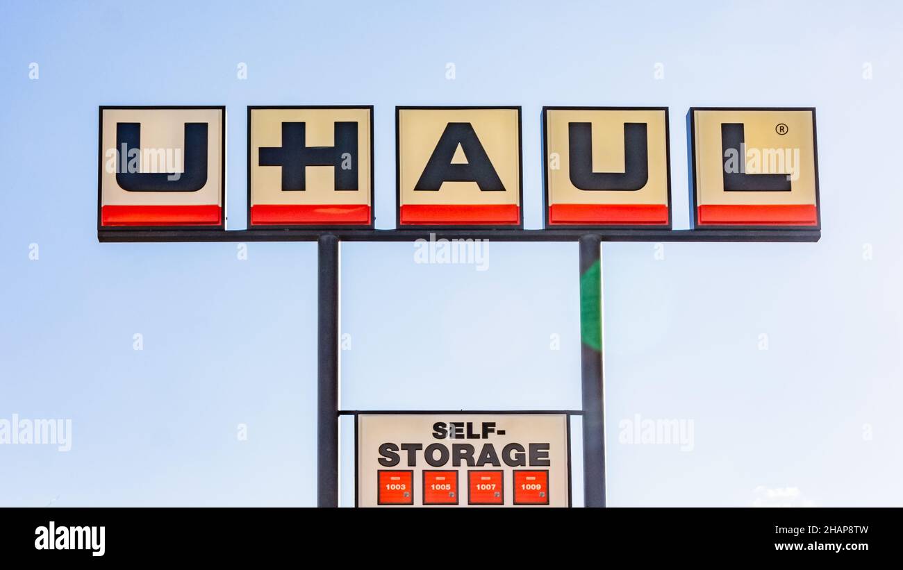 U-HAUL self storage marquee set against the bright blue sky in Chicago Illinois, USA. Stock Photo