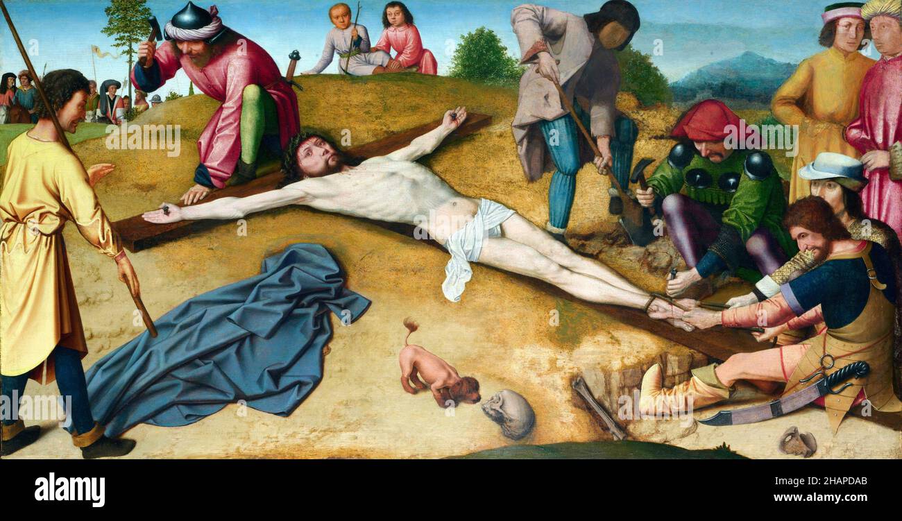 Christ Nailed to the Cross by Gerard David (1460-1523), oil on oak panel, c. 1481 Stock Photo