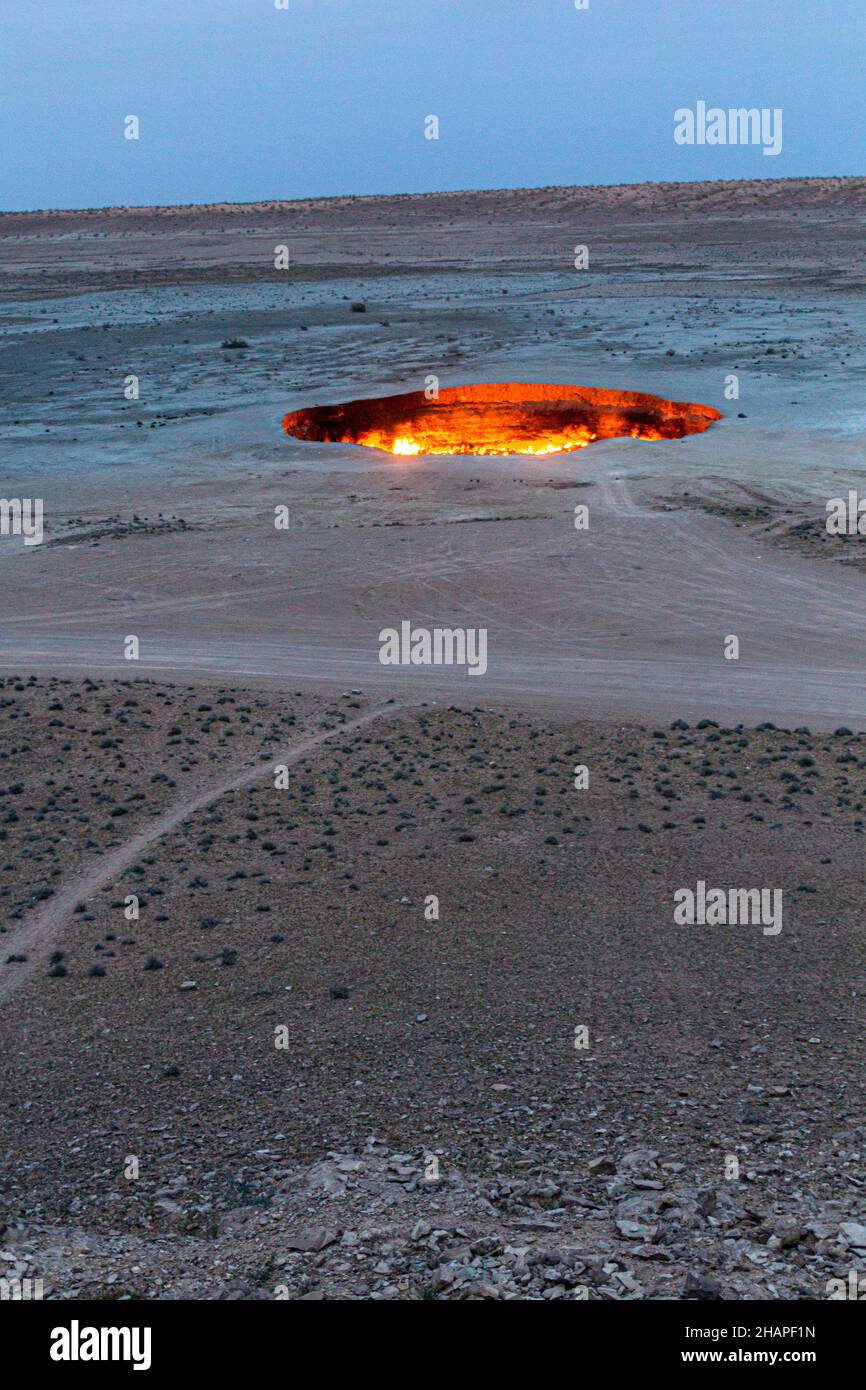 Darvaza Derweze gas crater Door to Hell or Gates of Hell in Turkmenistan Stock Photo