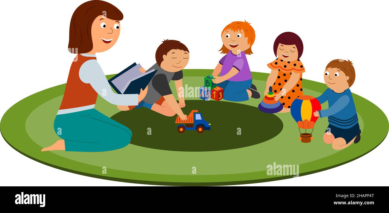 Children are sitting on the carpet with the teacher, the teacher is reading a book, children are playing with toys. vector isolated on a white backgro Stock Vector