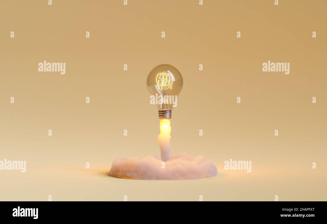 light bulb taking off and releasing smoke. concept of idea explosion ...