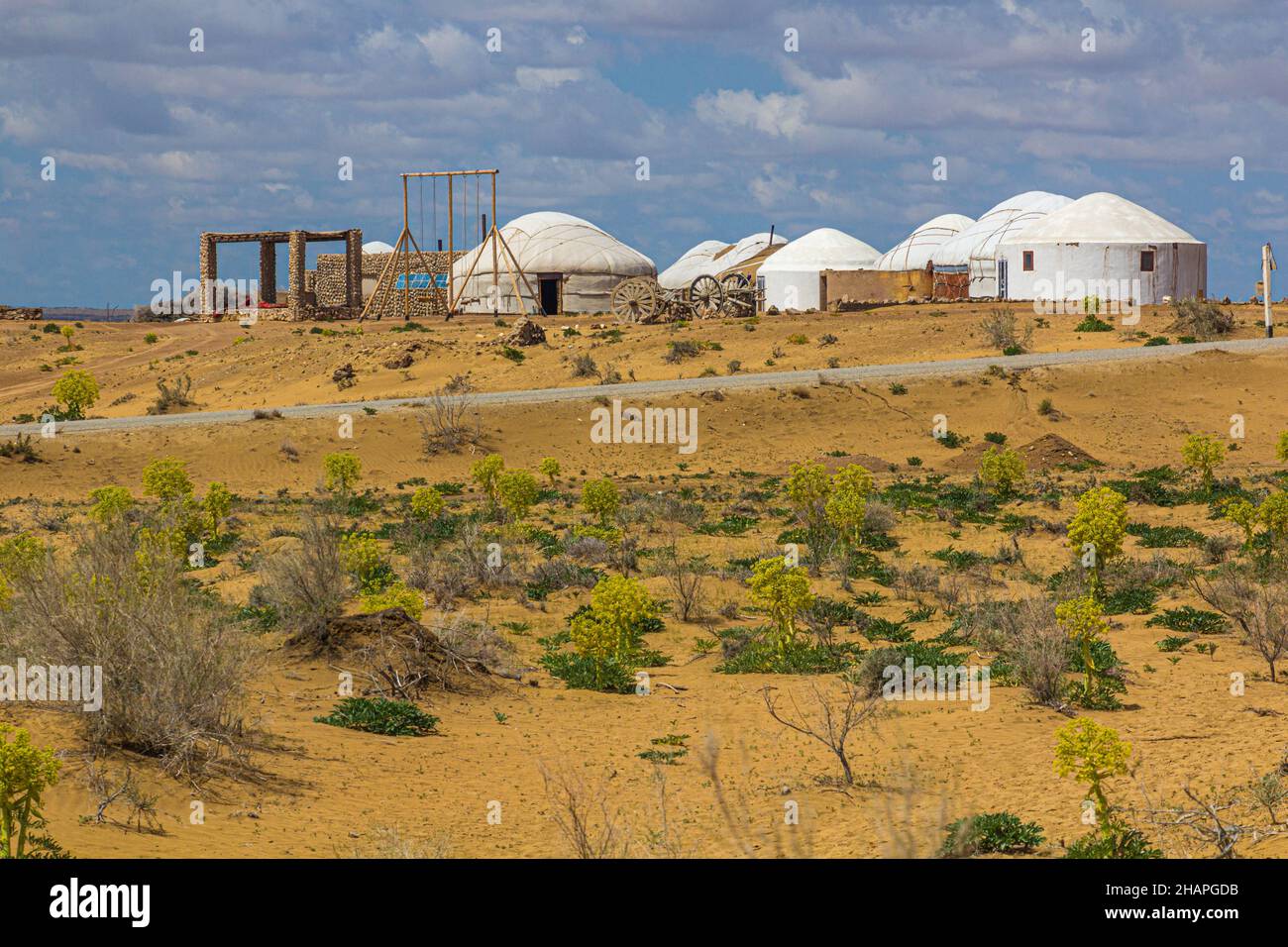 Yurt camp near Ayaz Qala fortress in Kyzylkum desert, Uzbekistan Stock Photo