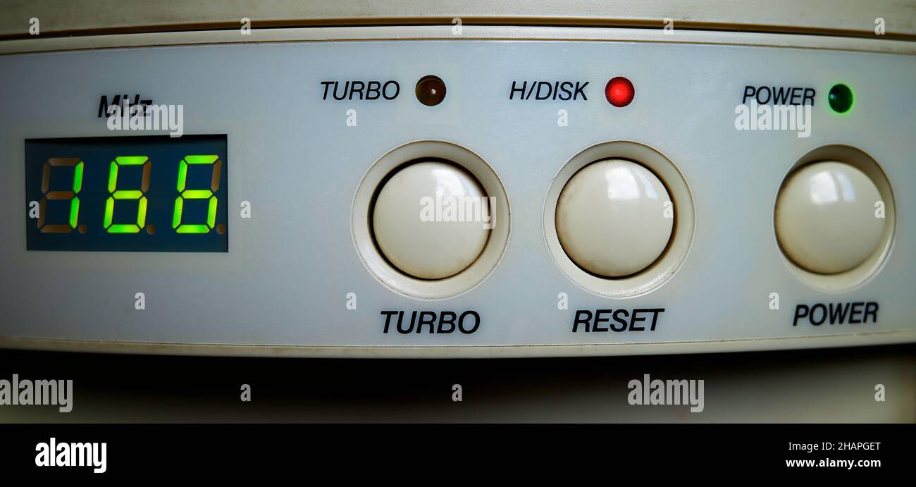 Power reset turbo buttons of vintage computer Stock Photo Alamy