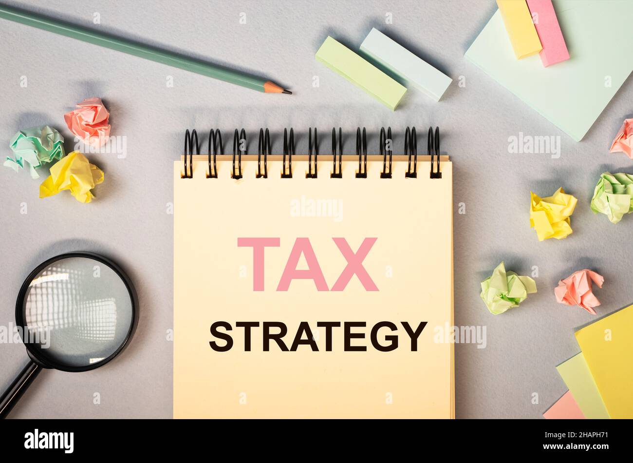 Tax strategy words on notebook. Taxation planning concept Stock Photo