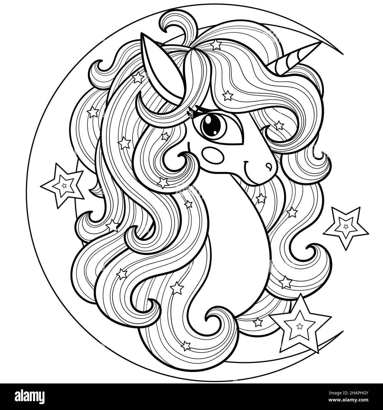 Unicorn head Black and white linear drawing. Vector Stock Vector