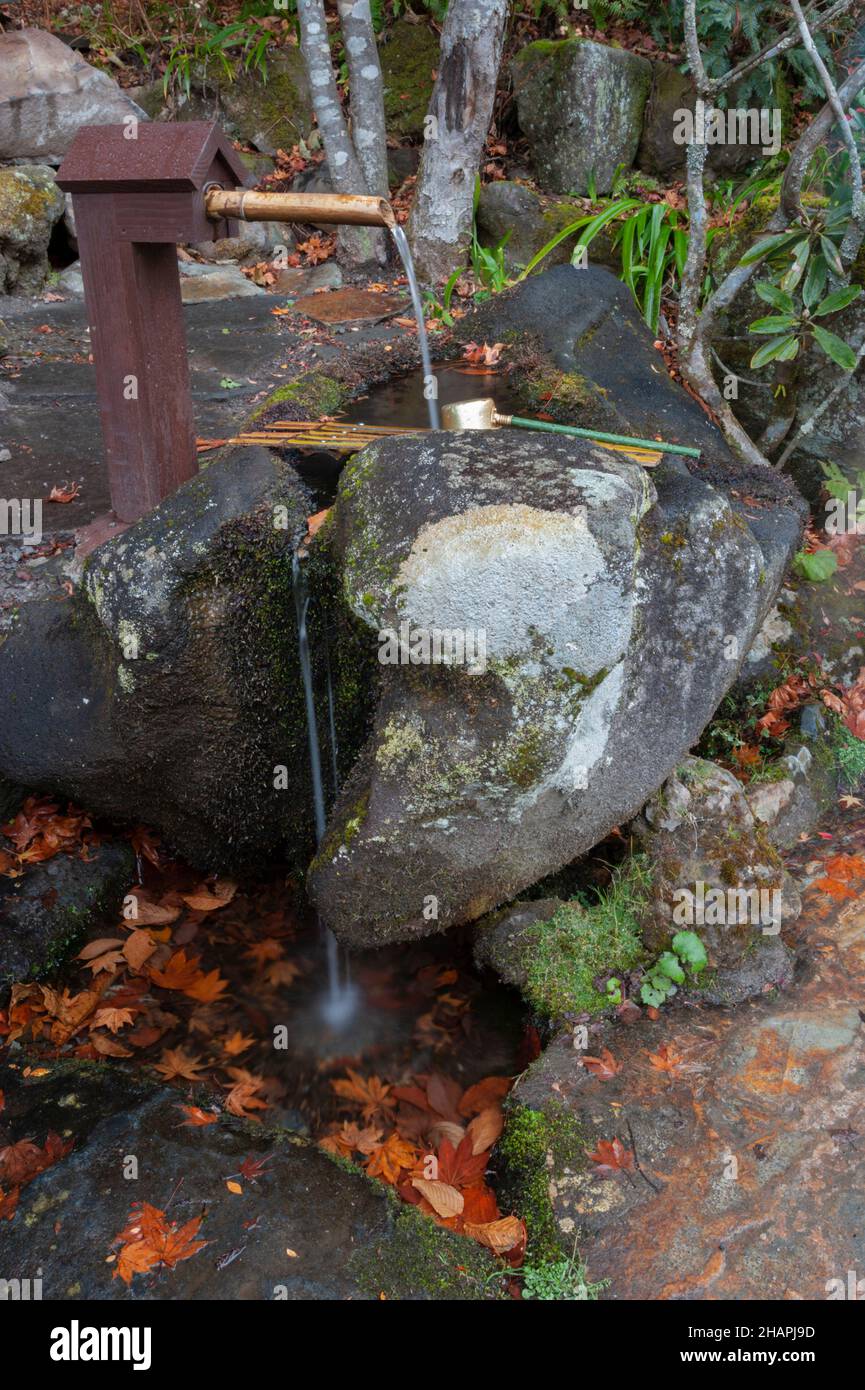 Water flows out of a stone basin in the gardens of the Chojukan ryokan, Hoshi Onsen, Gunma, Japan Stock Photo