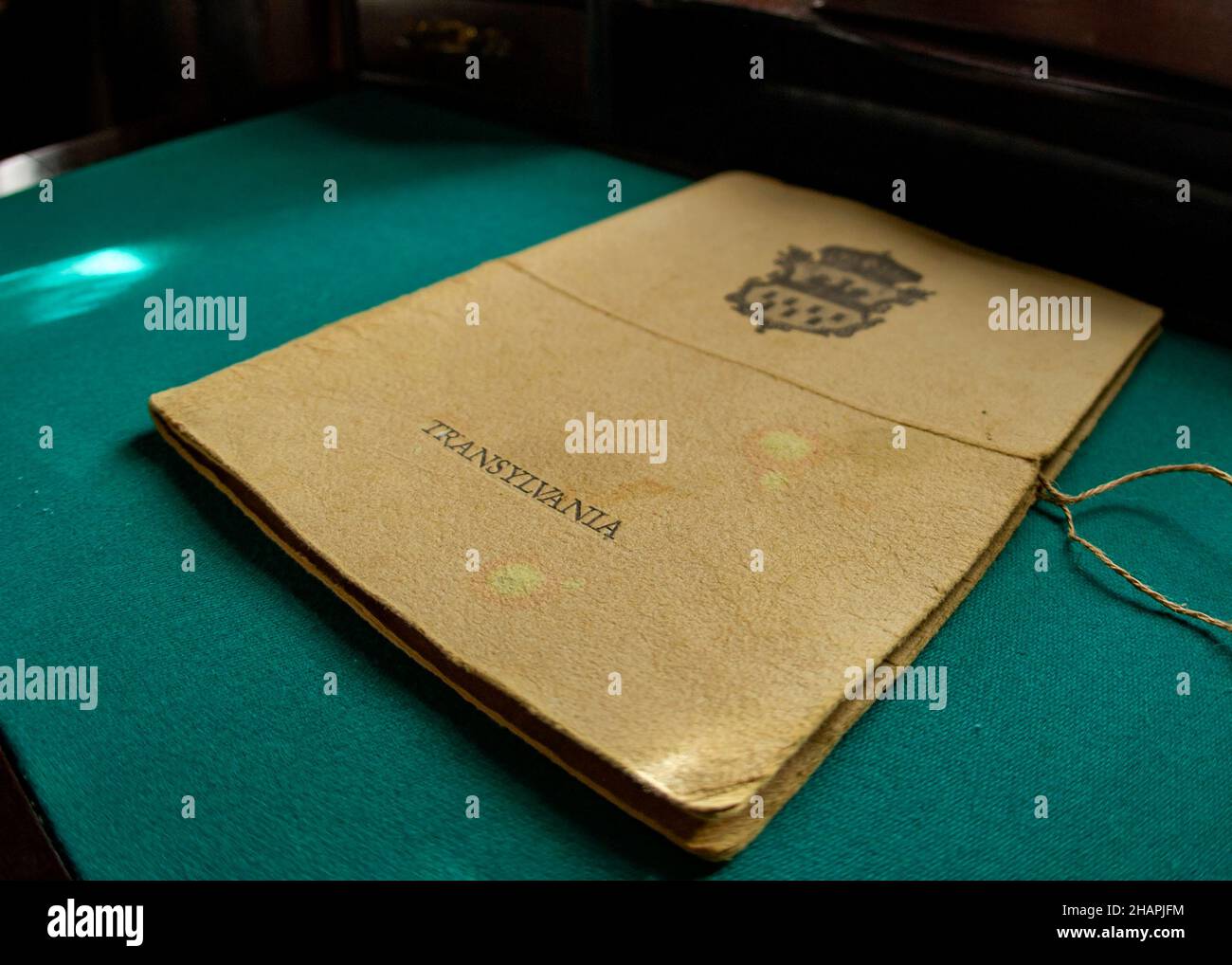 Vintage brown file on a green table Stock Photo
