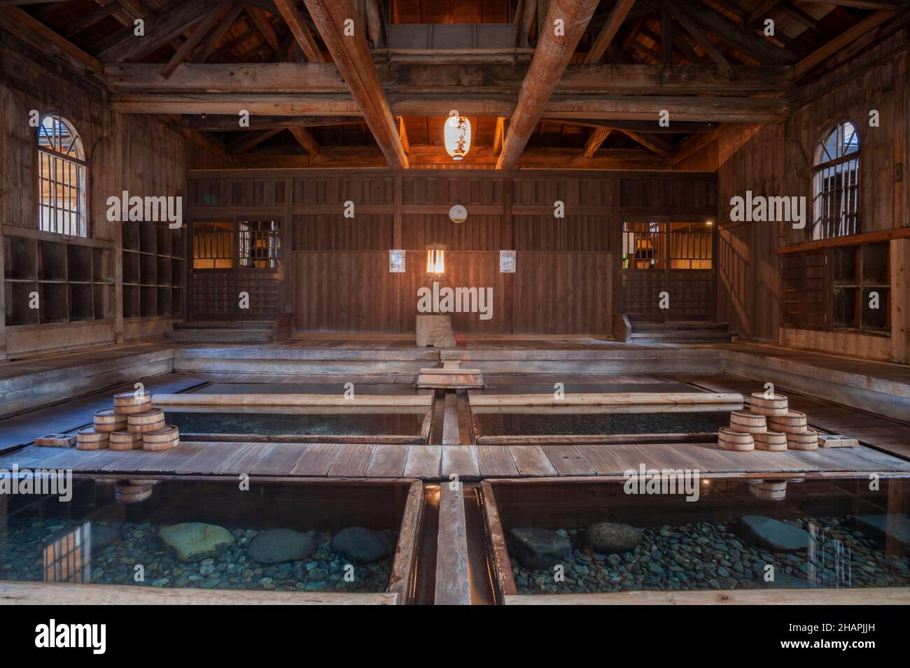 The Meiji-era style bath house Osamu yu or Hoshi no yu at the Chojukan, Hoshi Onsen, Japan. Stock Photo
