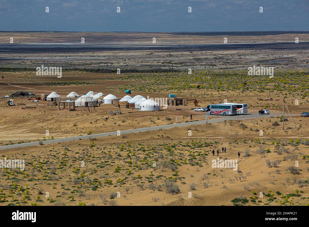 AYAZ QALA, UZBEKISTAN - APRIL 24, 2018: Yurt camp near Ayaz Qala fortress in Kyzylkum desert, Uzbekistan Stock Photo