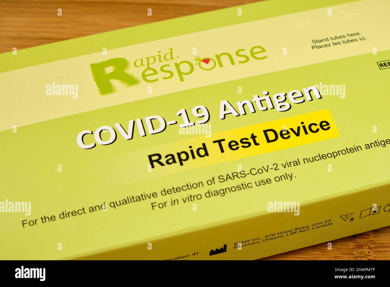 Rapid Response, rapid Covid-19 Antigen test device pack of 5, distributed by Government of Nova Scotia. Halifax, Canada. December 14, 2021 Stock Photo