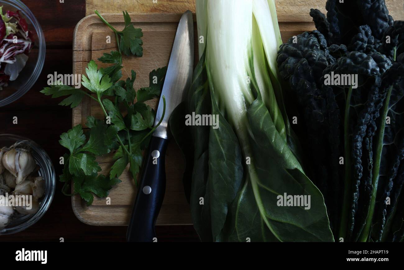 Various green vegetables. Directly above. Stock Photo