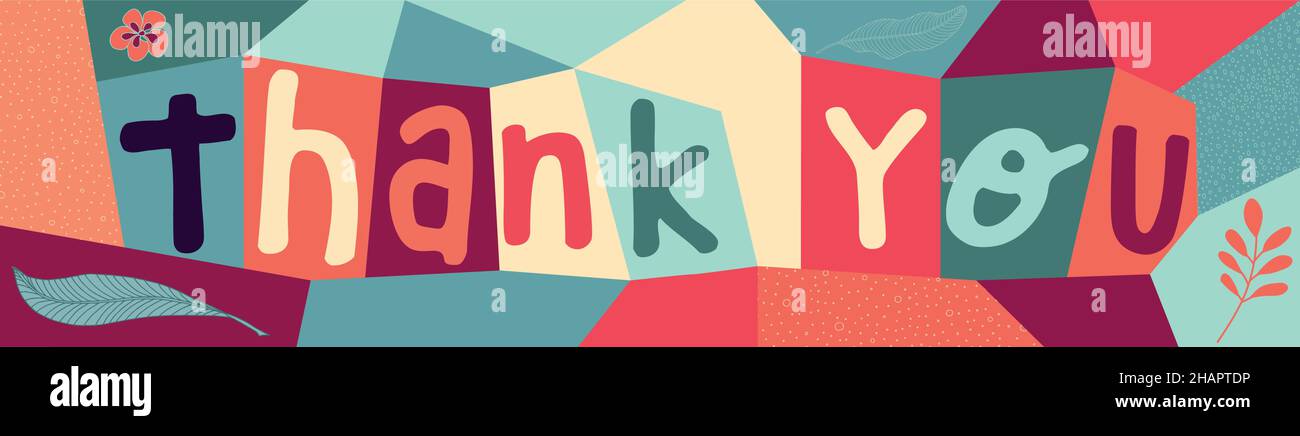 Decorative banner with colorful letters forming the text -thank you- Concept Gratitude and appreciation. Be grateful appreciate and thank. Colorful Stock Vector