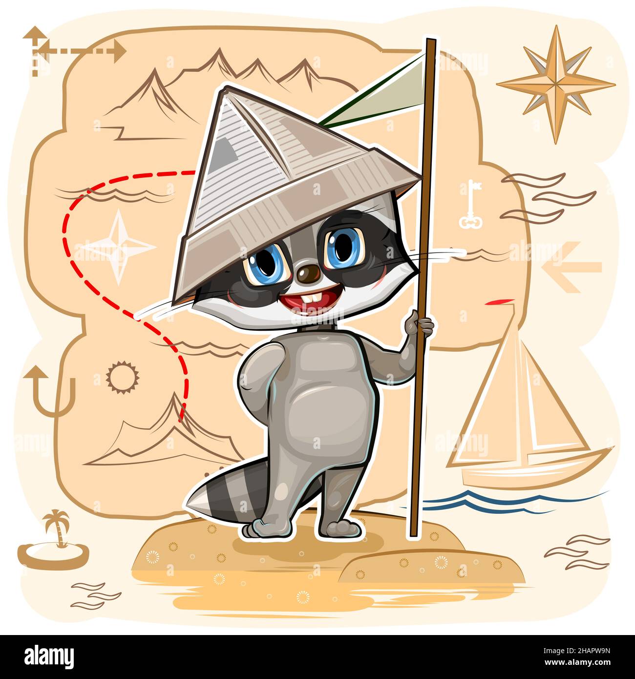 Raccoon is traveler. Child Game. Map with route. Look for pirate treasures on island and have fun in sea adventures. Cute baby animal. Cartoon style. Stock Vector