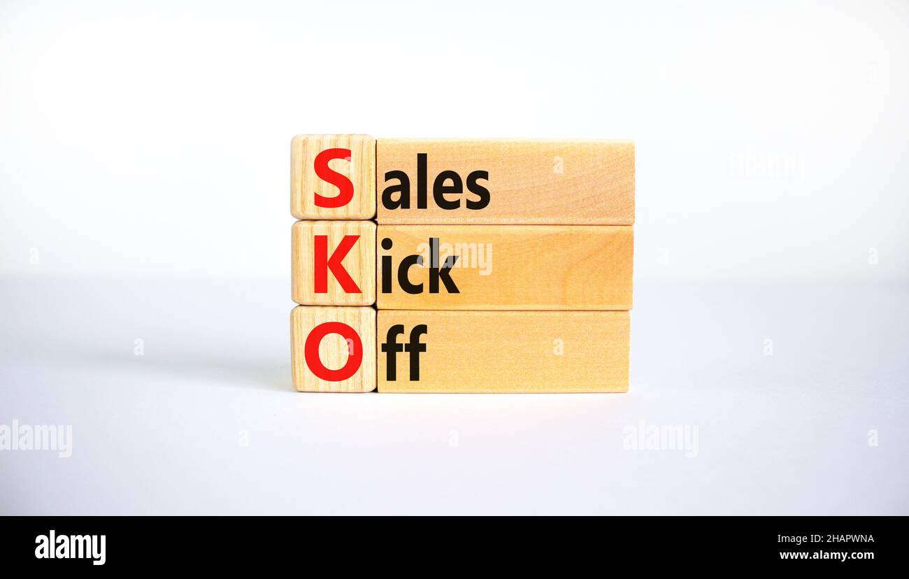 SKO sails kick off symbol. words SKO kick off on wooden blocks. Beautiful white background, copy space. and SKO sails kick Stock Photo - Alamy