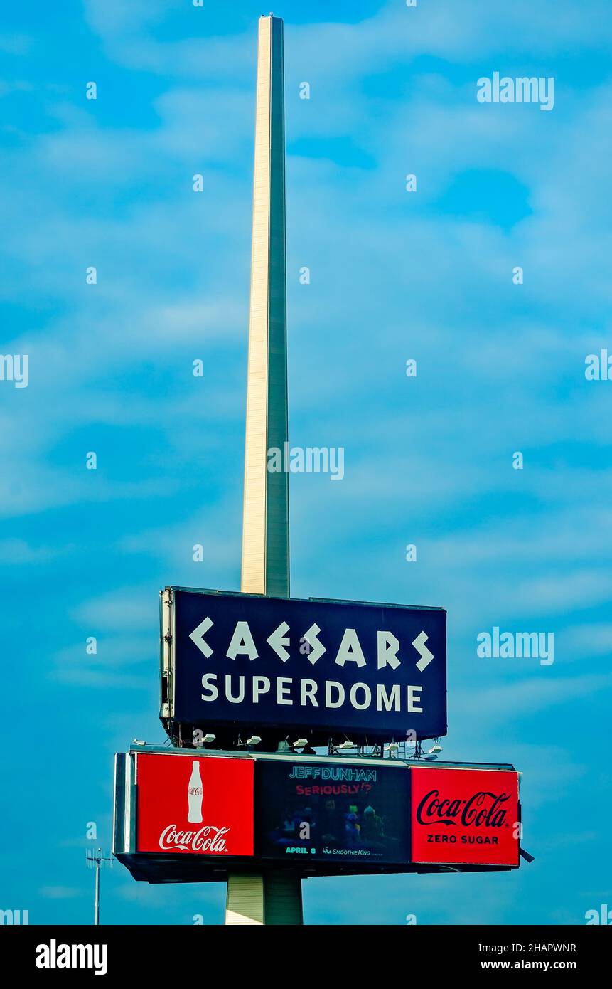 A sign for the Louisiana Superdome, now known as Caesars Superdome, is pictured, Dec. 13, 2021, in New Orleans, Louisiana. Stock Photo