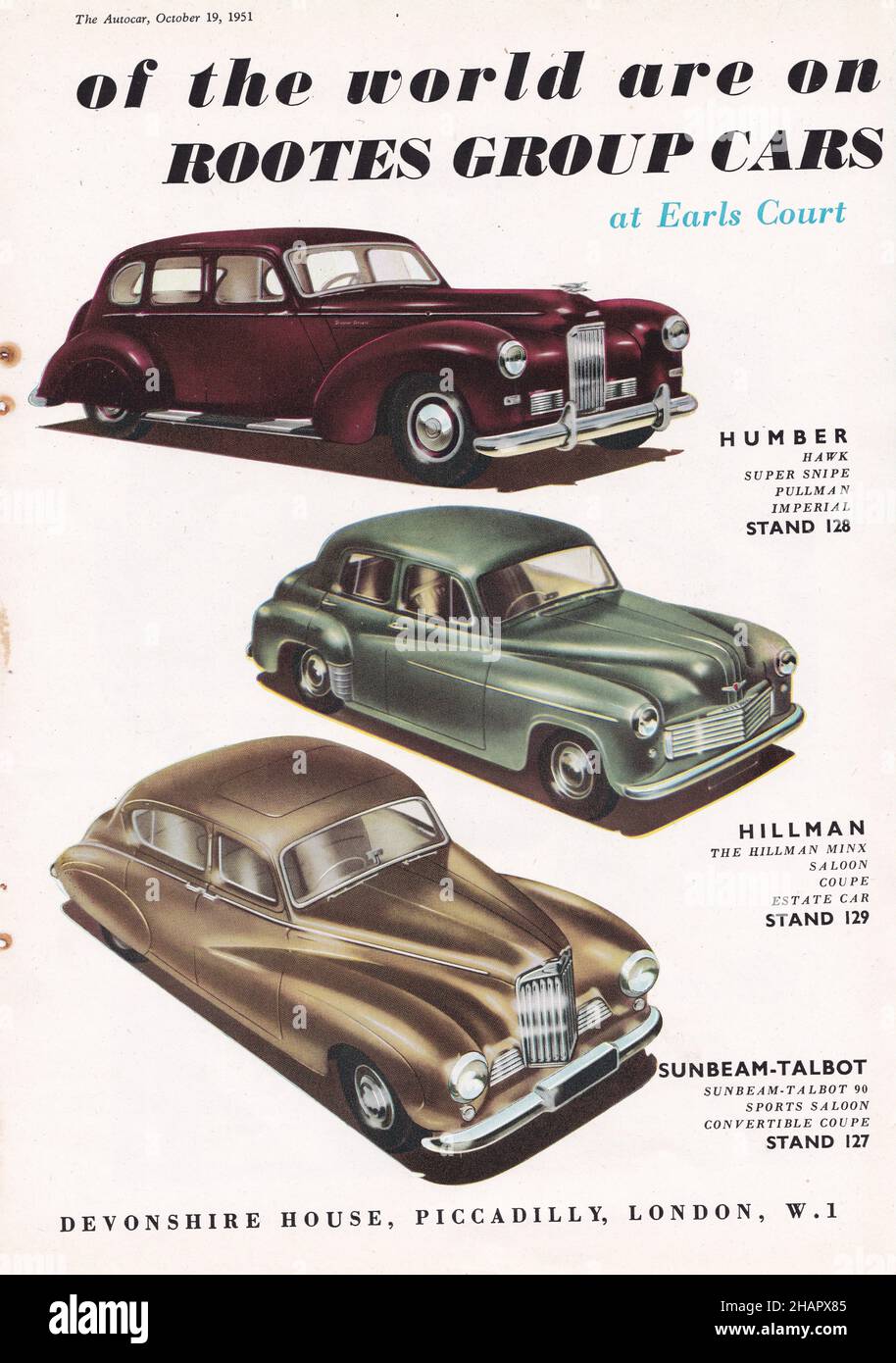 Vintage adverts in The Autocar, October 1951 Motorshow Earls Court - Rootes Group Cars. Stock Photo
