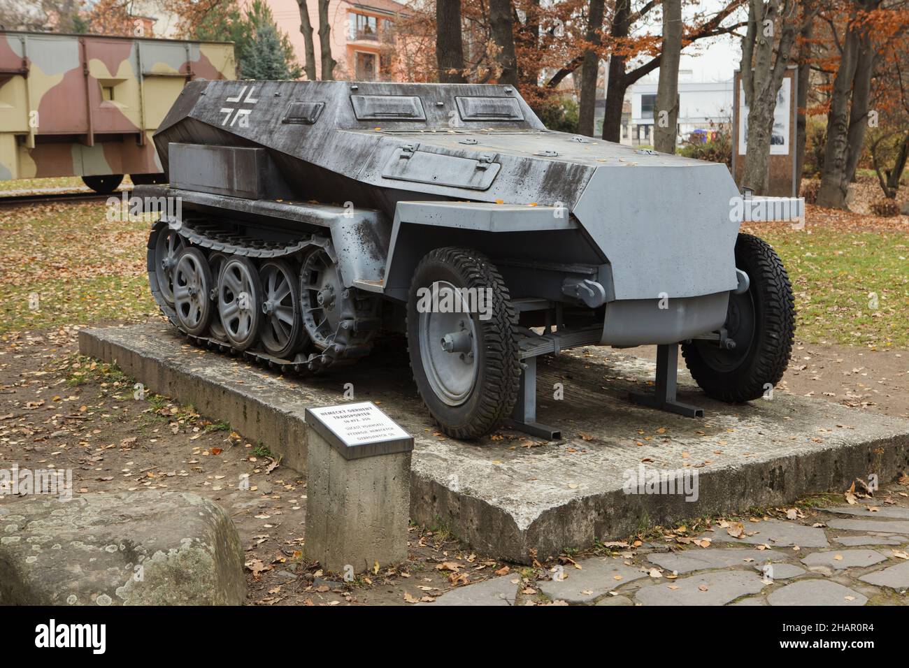German half-track armoured personnel carrier Sd.Kfz. 250 used during World War II on display next to the Museum of the Slovak National Uprising (Múzeum Slovenského národného povstania) in Banská Bystrica, Slovakia. Stock Photo