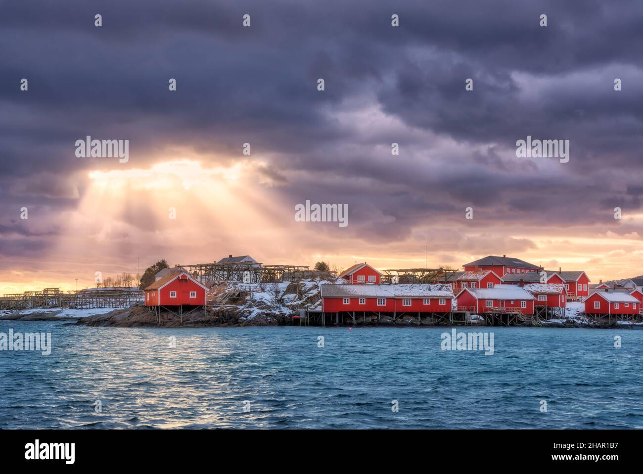 Norwegian fishing village and sea coast at sunset Stock Photo