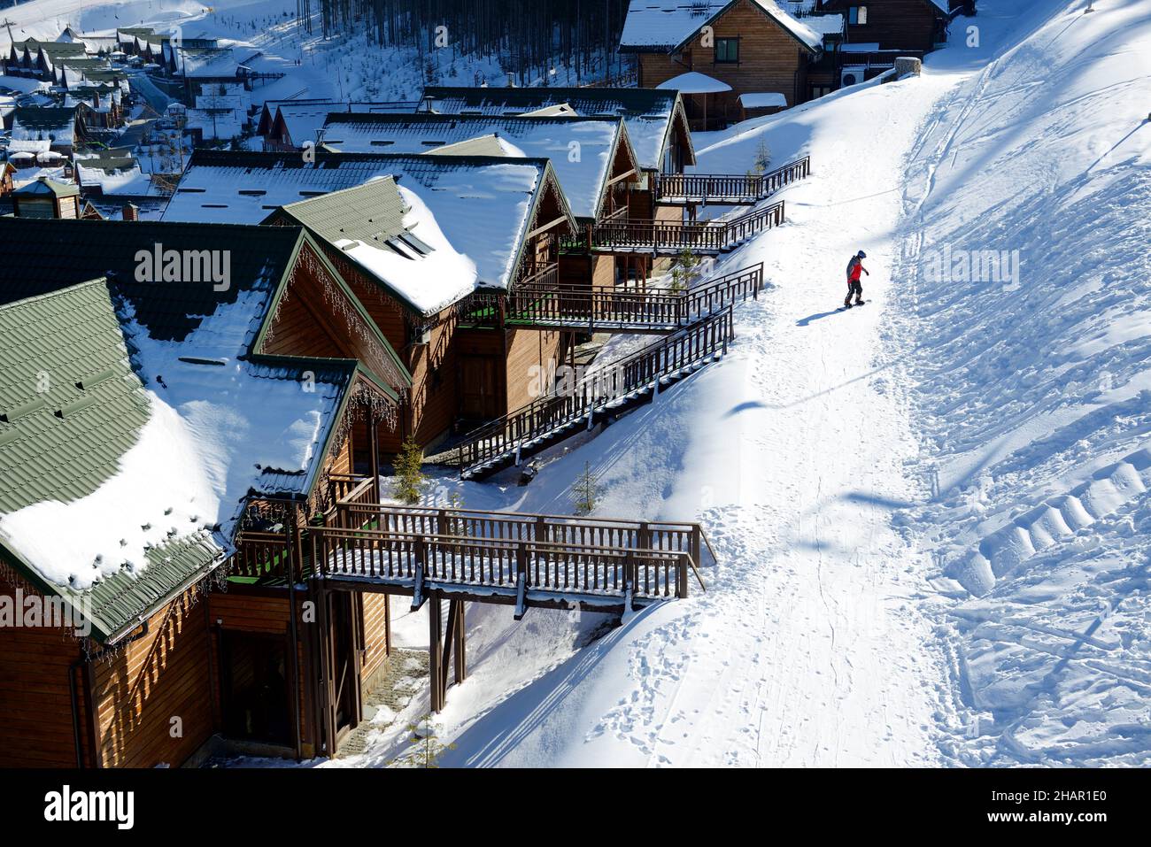 The holiday villas of Bukovel ski resort. Bukovel, Ukraine Stock Photo