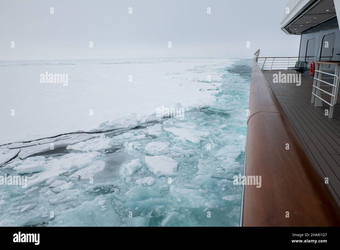 Arctic Norway, 89 degrees north. Le Commandant Charcot on the way to the North Pole. Heated outer deck. Stock Photo