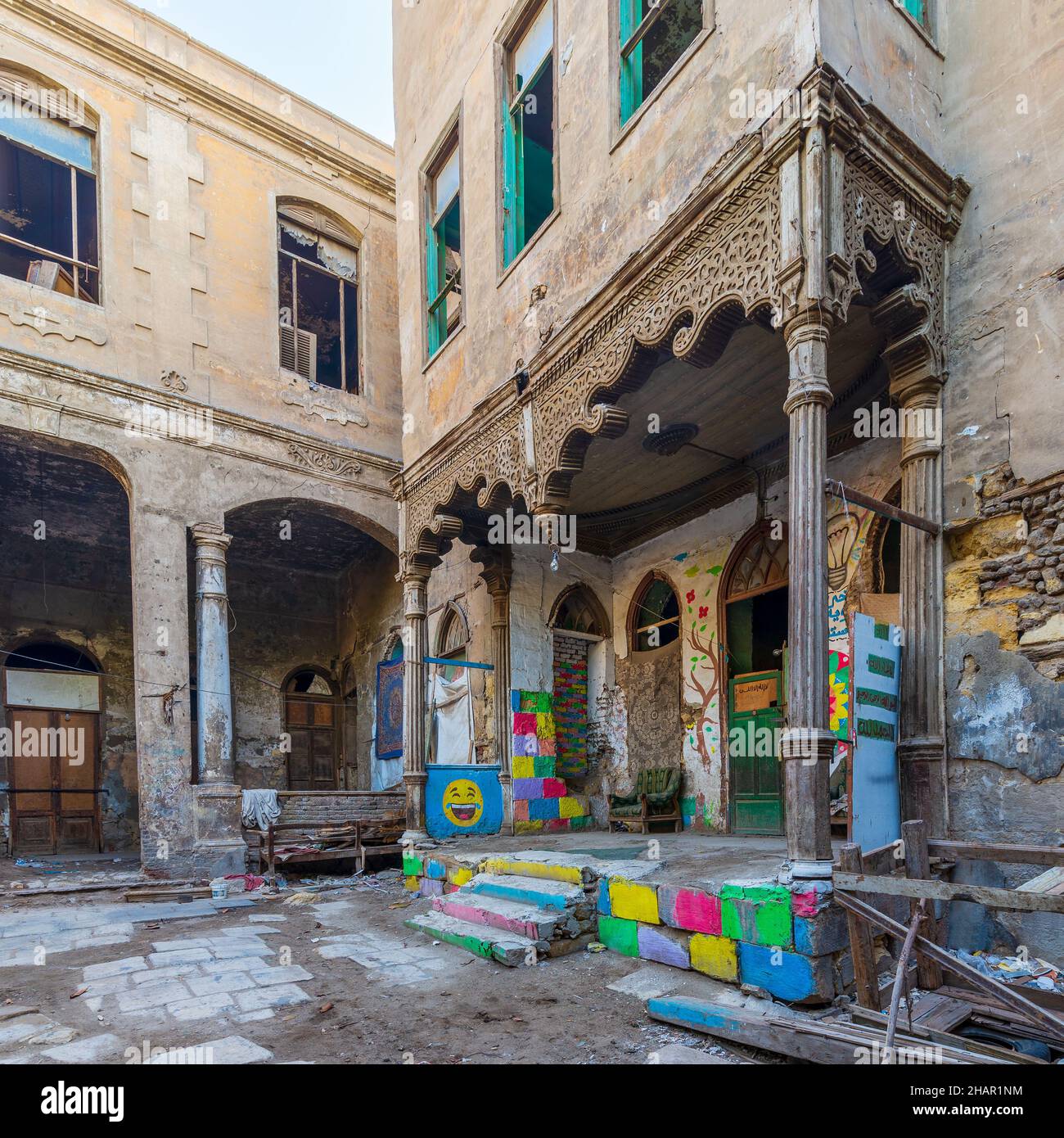 Day shot of Bayt Madkour Pasha, historical abandoned house located at Souq Al Selah Street, Darb Al Ahmar district, Old Cairo, Egypt Stock Photo