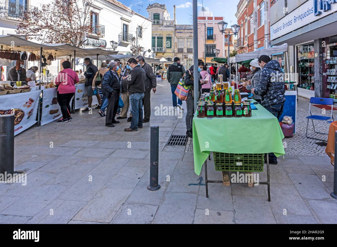 Local produce for sale outside the market hall area of Louie, Portugal. Stock Photo