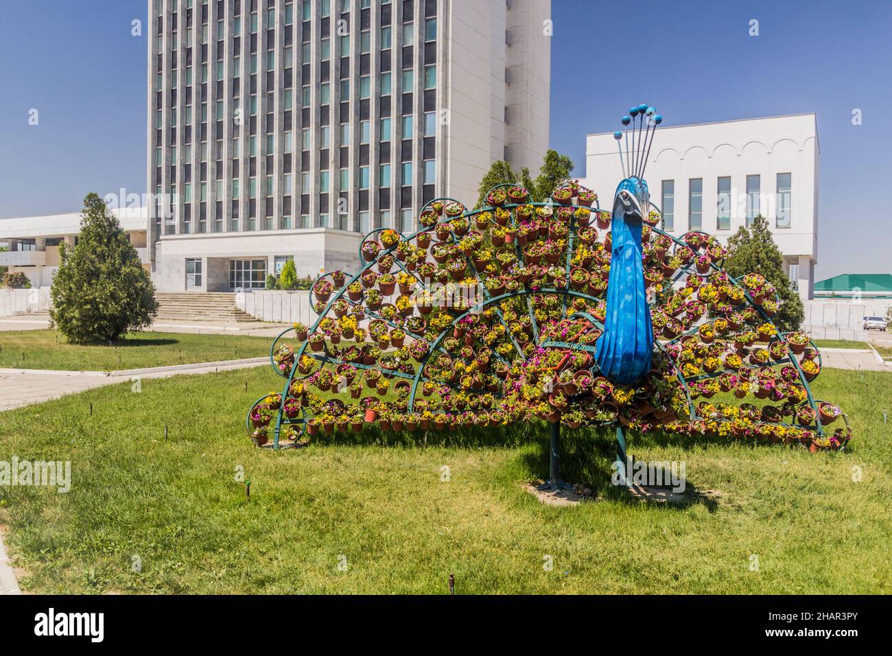 SAMARKAND, UZBEKISTAN: APRIL 28, 2018 Peacock sculpture in Samarkand Uzbekistan Stock Photo