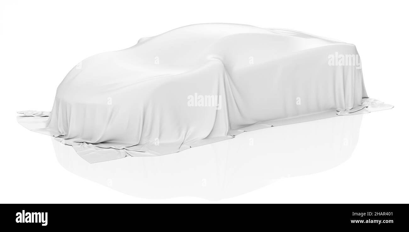 New racing design car covered with white cloth. 3d rendering illustration isolated Stock Photo