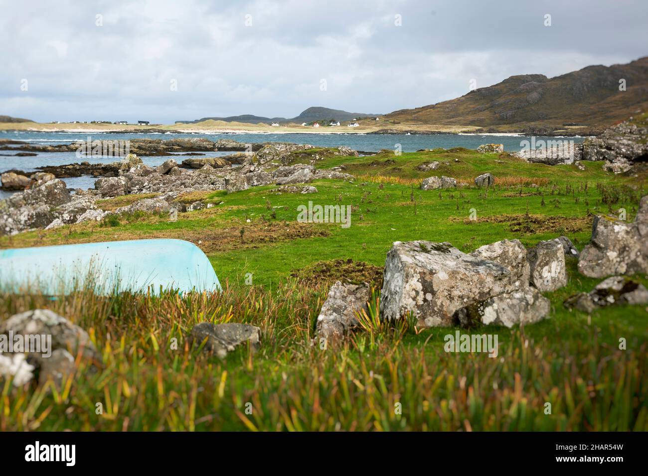 View across the inlet of Portuairk to the scattered township of Sanna on the west end of the Ardnamurchan peninsula, Lochaber, Scotland. Stock Photo