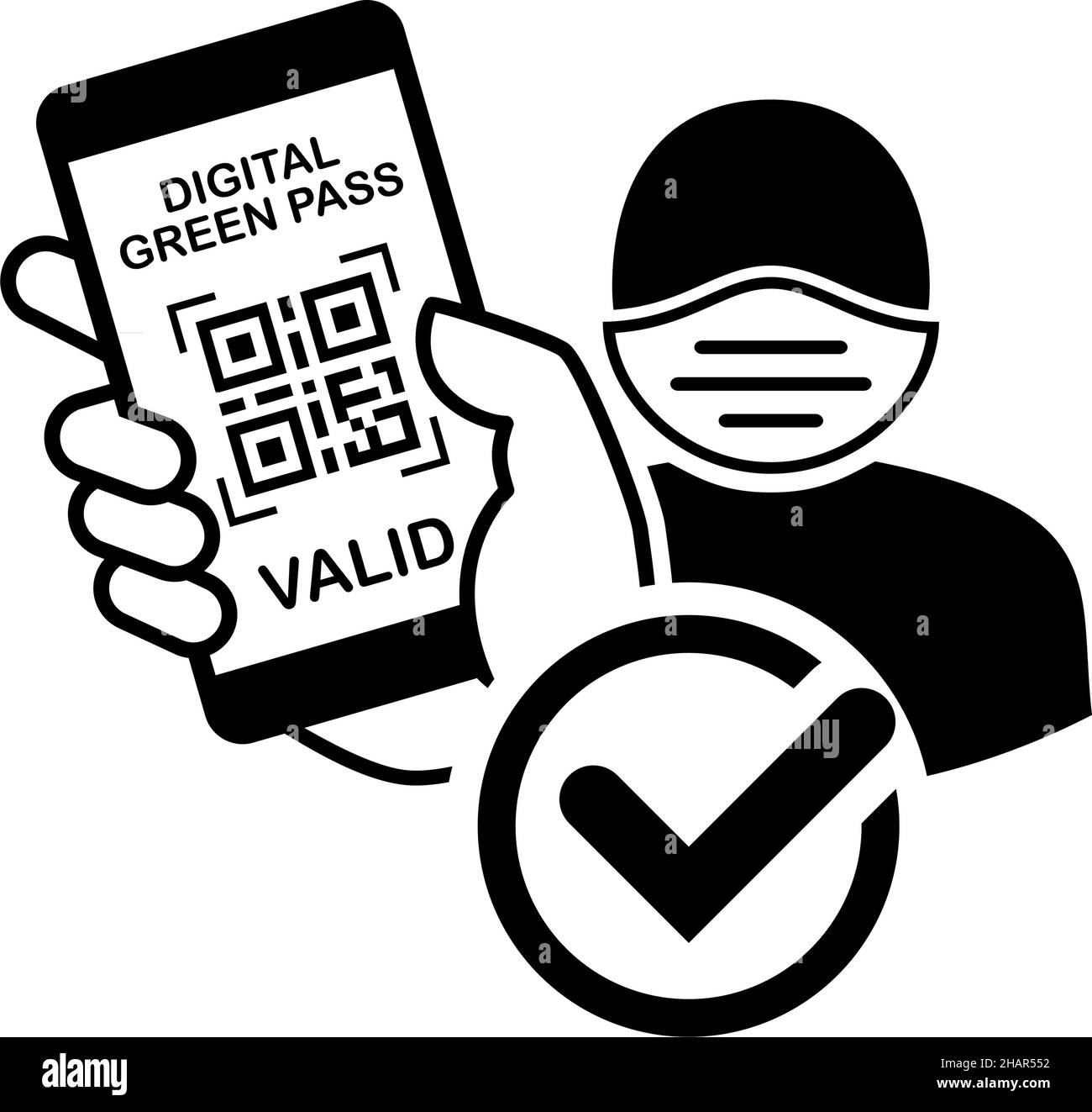 Man in medical mask on his face shows smartphone screen with QR code of digital health passport. Vector icon on transparent background Stock Vector