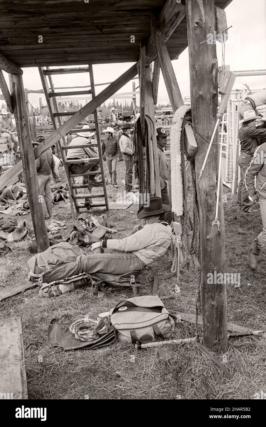 Stretching exercises at the Water Valley Rodeo. Alberta Canada. Circa