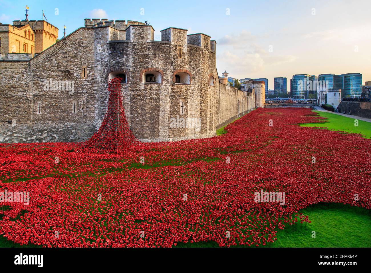 LONDON, GREAT BRITAIN - SEPTEMBER 21, 2014: This is an installation of ceramic red poppies in memory of those killed in the First World War in the moa Stock Photo