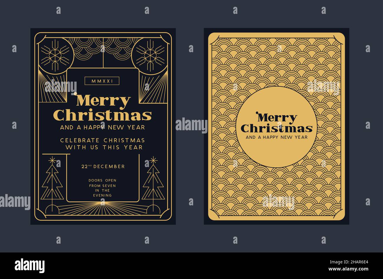 Christmas grettings design background with 1920's and 1930's art deco style gold detailing. Festive frame vector illustration. Stock Vector