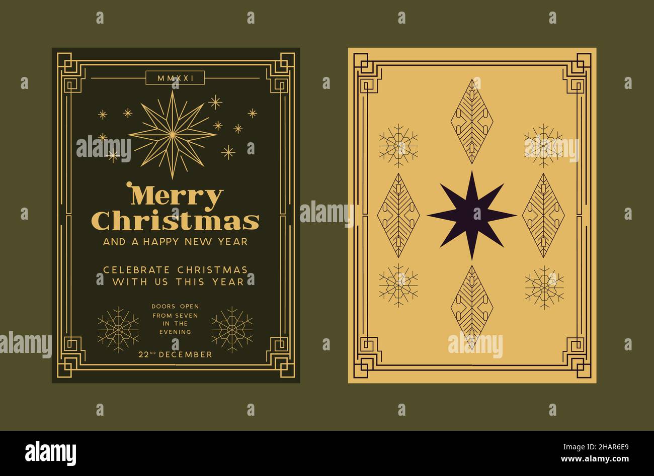 Christmas greetings invite design background with 1920's and 1930's art deco style gold detailing. Festive frame vector illustration. Stock Vector