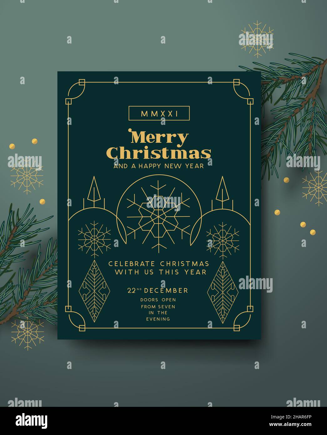 Vintage christmas invitation art deco layout design with gold detailing. Vector illustration Stock Vector