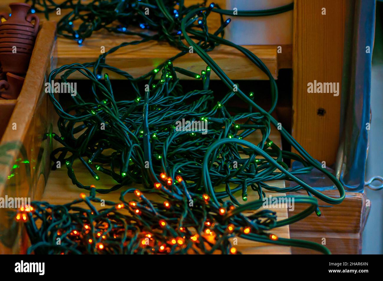 Christmas tree lights on sale in a Christmas market Stock Photo Alamy