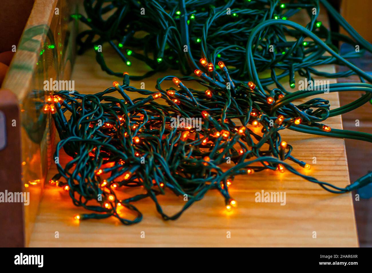 Christmas tree lights on sale in a Christmas market Stock Photo Alamy