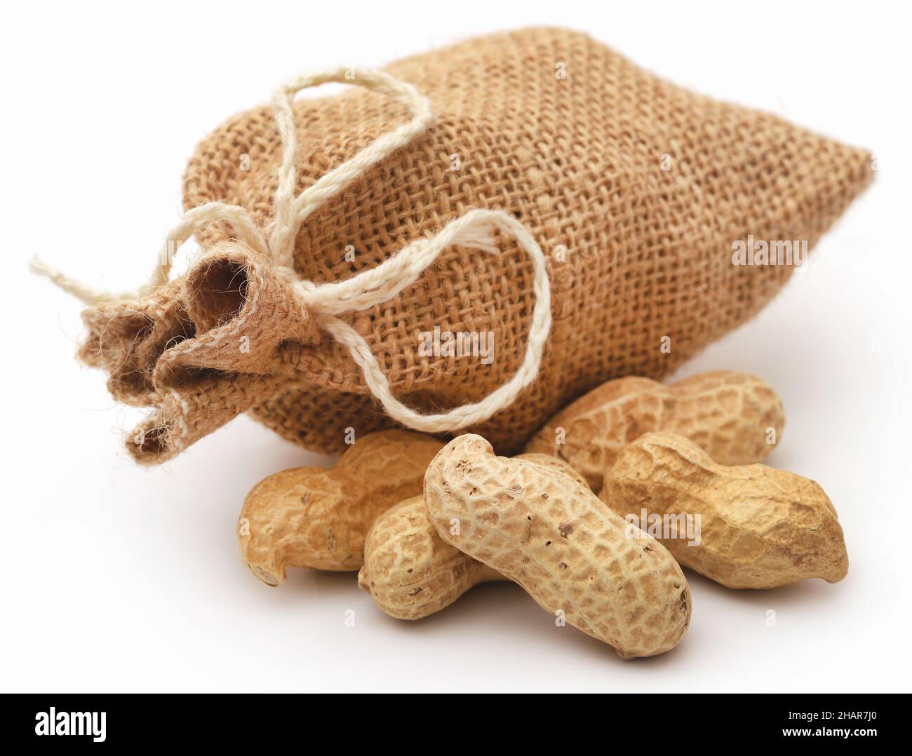 Fresh Peanuts in sack over white background Stock Photo