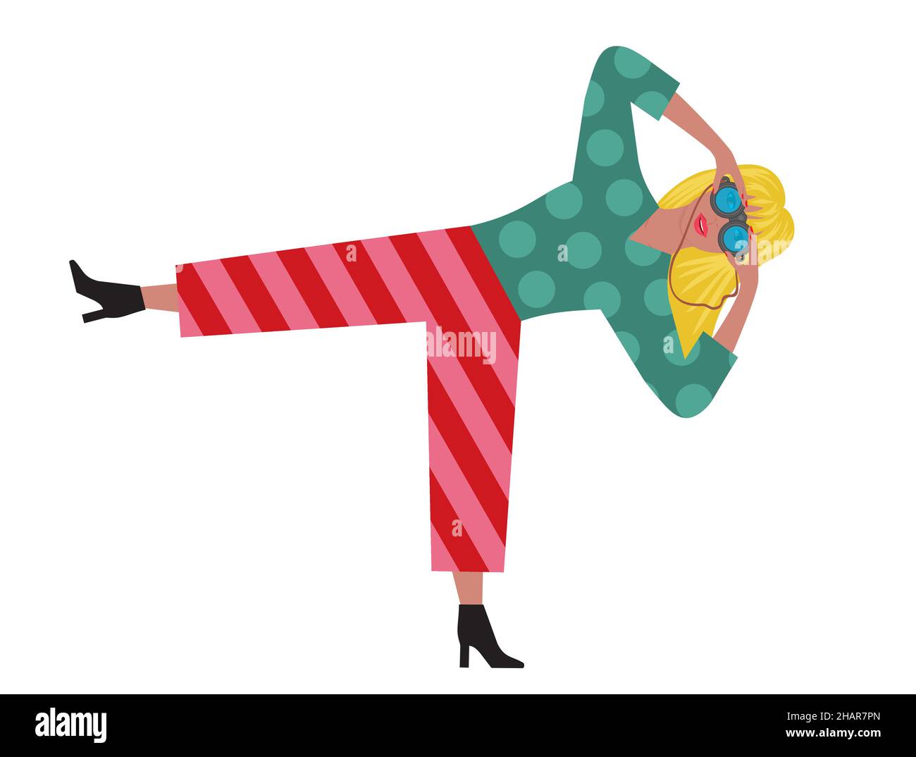 Woman in funny position with binoculars. Vector illustration. EPS10. Stock Vector