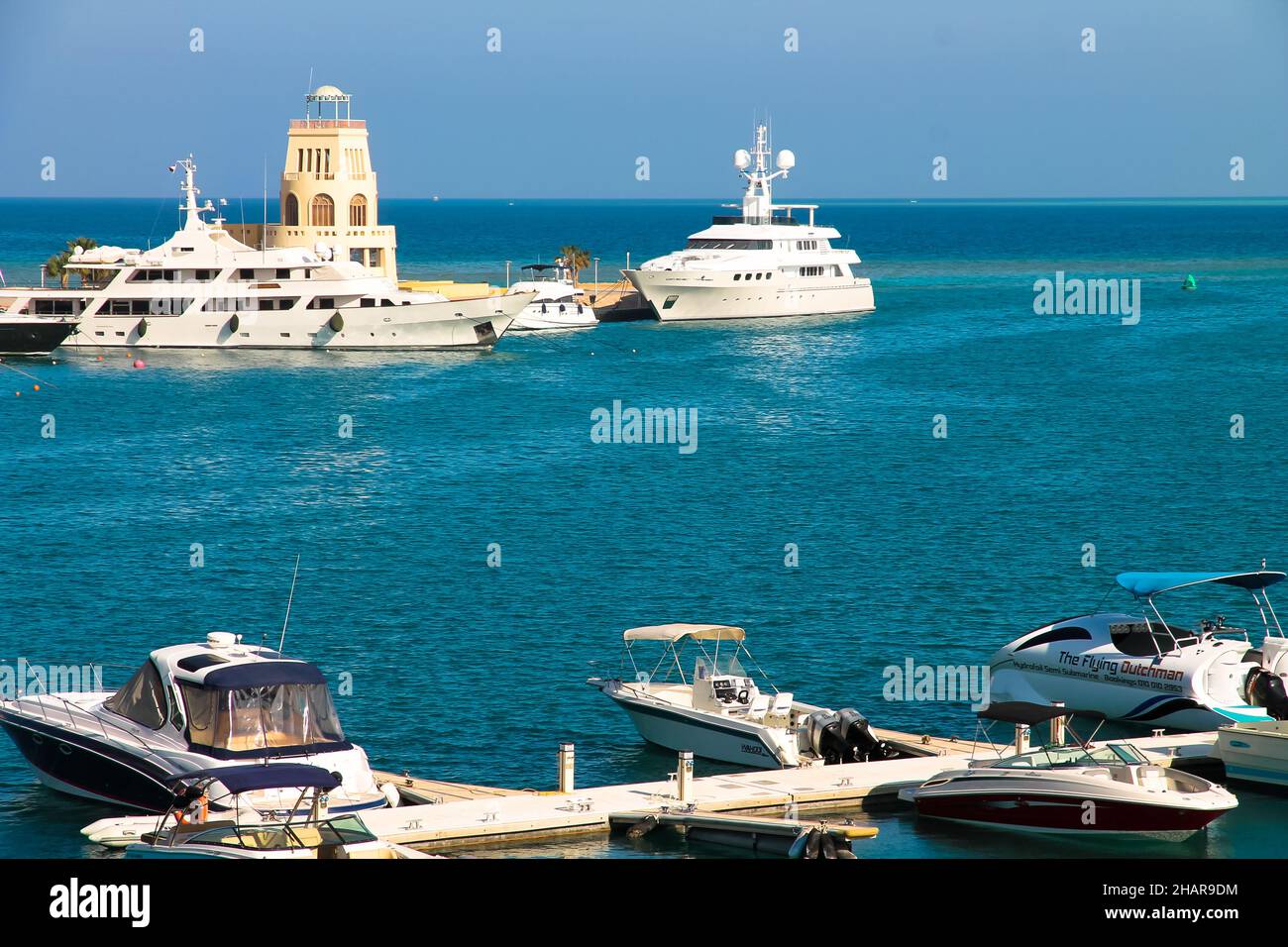 El Gouna, Egypt, February 1, 2019. Abu Tig marina harbor for motor yachts, boats Stock Photo