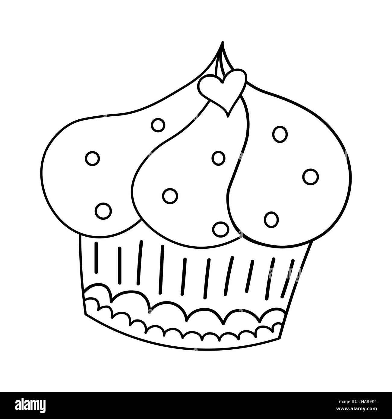 Cupcake with heart hand drawn. Birthday postcard. Vector illustration in doodle style isolated on background. Happy Valentines Day decoration element. Stock Vector