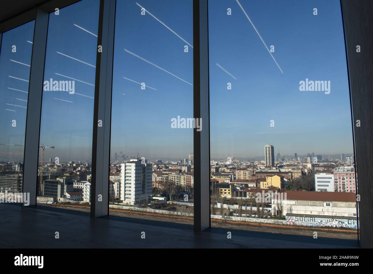 Milan, Italy: The city skyline seen from the windows of the Tower of the Fondazione Prada, the building 60 meters high designed by Rem Koolhaas Stock Photo