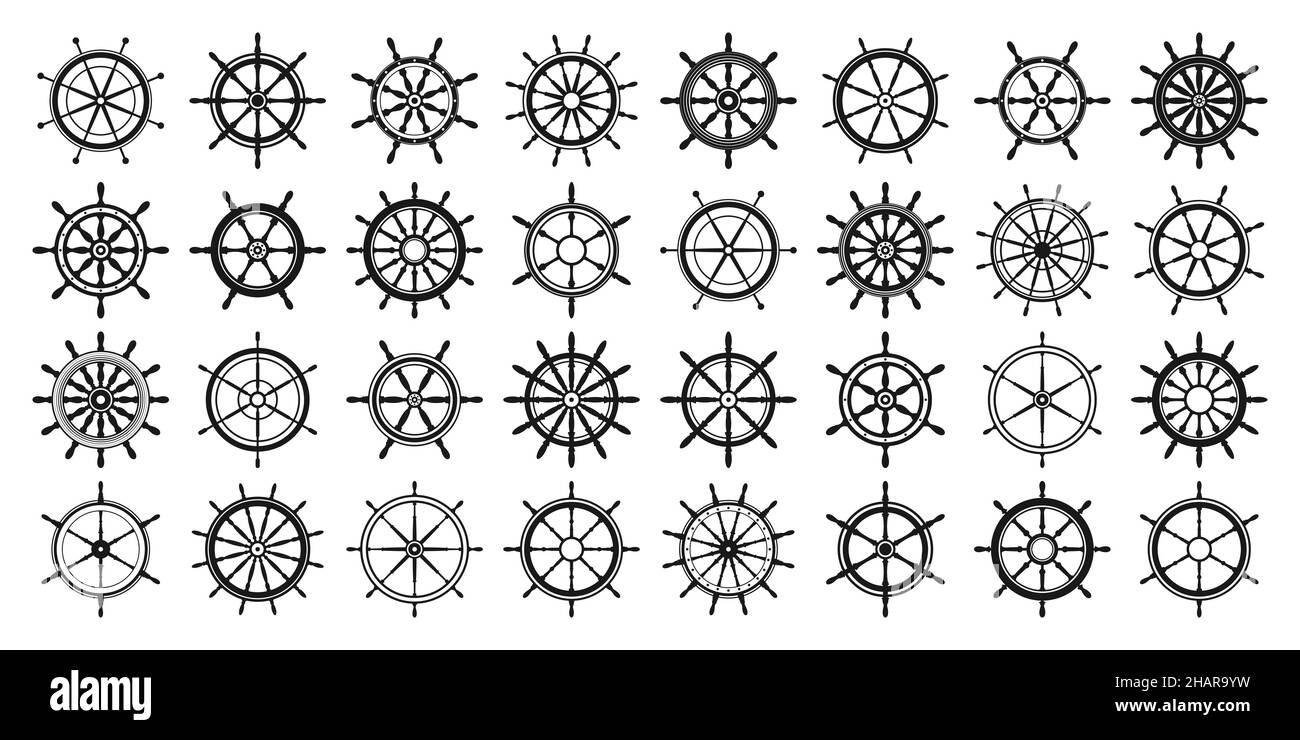 Collection of vintage steering wheels. Ship, yacht retro wheel symbol