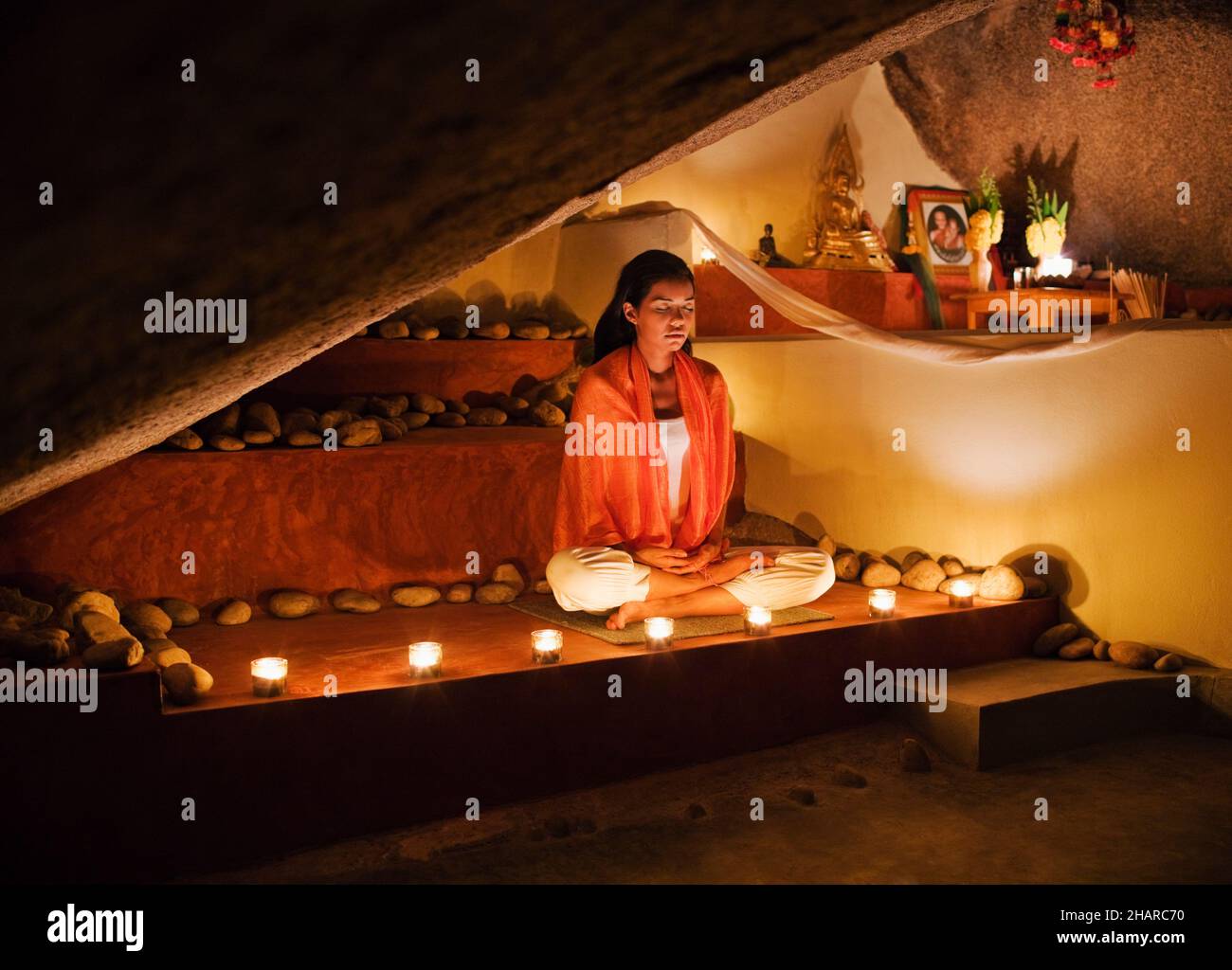 Meditation Cave at Kamalaya, Koh Samui, Thailand. Buddhist monks once lived and meditated at Arjun Cave located in the center of Kamalaya resort. Stock Photo