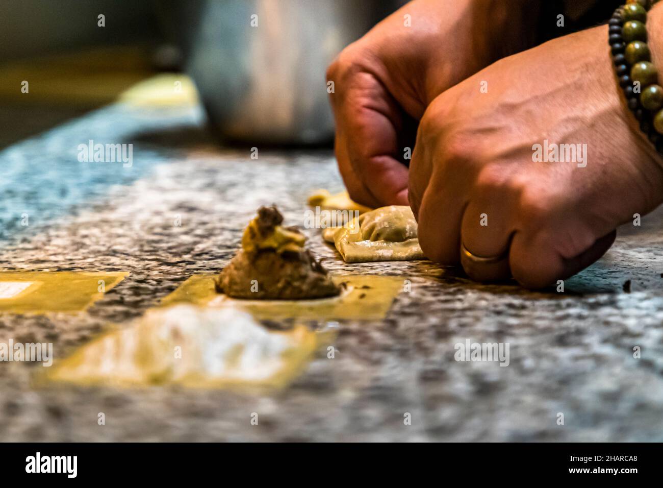 Goose liver ravioli with truffle in Aups, France Stock Photo