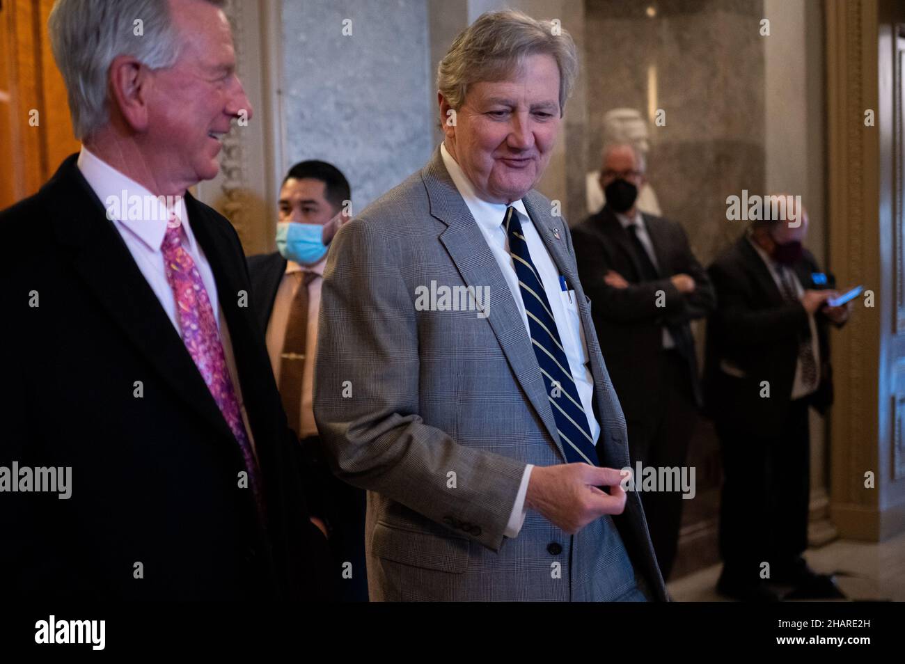 Washington, USA. 14th Dec, 2021. Senator Tommy Tuberville (R-AL) and Senator John Kennedy (R-LA) walk through the U.S. Capitol, in Washington, DC, on Tuesday, December 14, 2021. Today, the full House of Representatives will vote to recommend contempt charges against former White House Chief of Staff Mark Meadows for refusing to testify concerning the January 6th insurrection, as the Senate acts on urgent debt ceiling legislation before a federal default.(Graeme Sloan/Sipa USA) Credit: Sipa USA/Alamy Live News Stock Photo