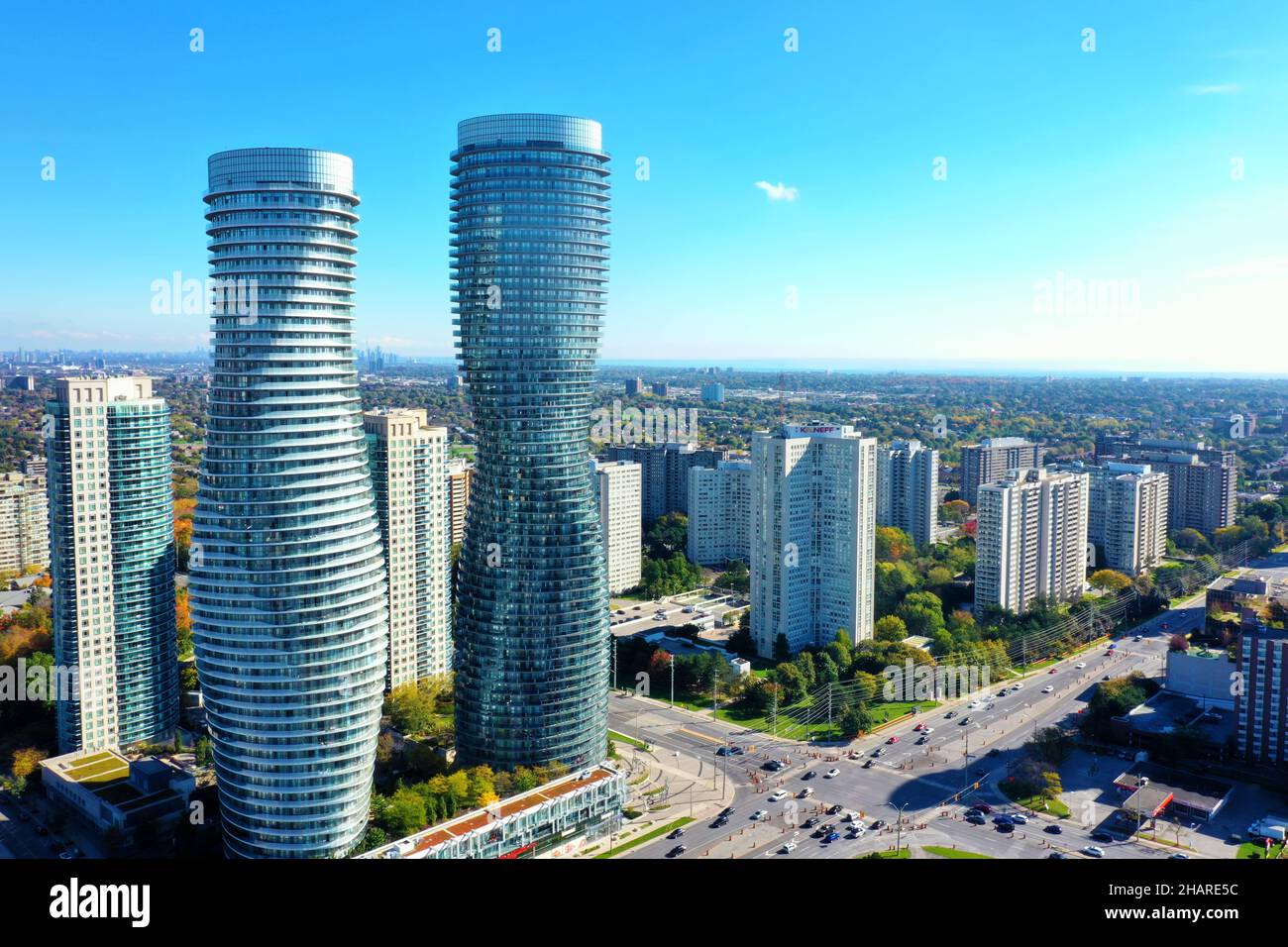 An aerial view of the Absolute World Complex in Mississauga, Ontario ...