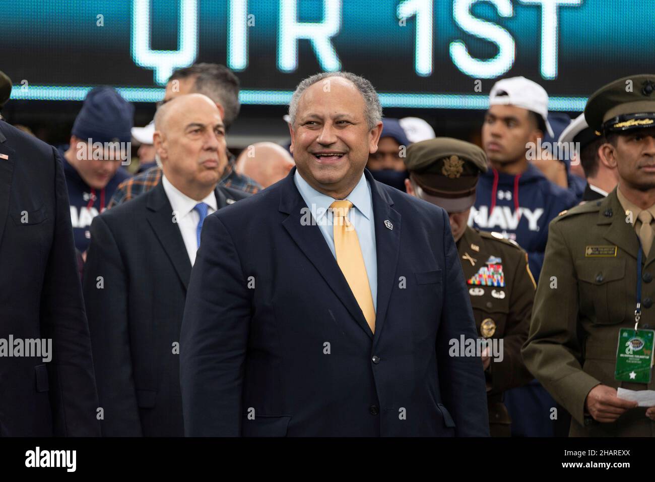 East Rutherford, United States of America. 11 December, 2021. U.S. Secretary of the Navy Carlos Del Toro waits for the coin toss at the start of the annual Army-Navy football game at Metlife Stadium December 11, 2021 in East Rutherford, New Jersey. The U.S. Naval Academy Midshipmen defeated the Army Black Knights 17-13 in their 122nd matchup.  Credit: Stacy Godfrey/U.S. Navy Photo/Alamy Live News Stock Photo